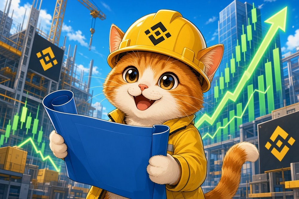 BNBCAT meme — the cat as a construction worker holding blueprints in front of a rising chart