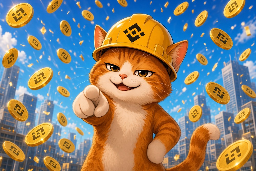 BNBCAT meme — the cat giving a thumbs up surrounded by falling BNB coins