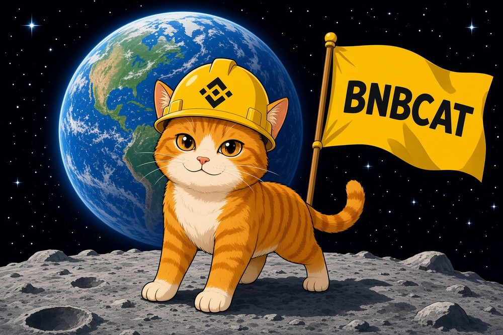 BNBCAT meme — the cat on the moon holding a BNBCAT flag with Earth behind it