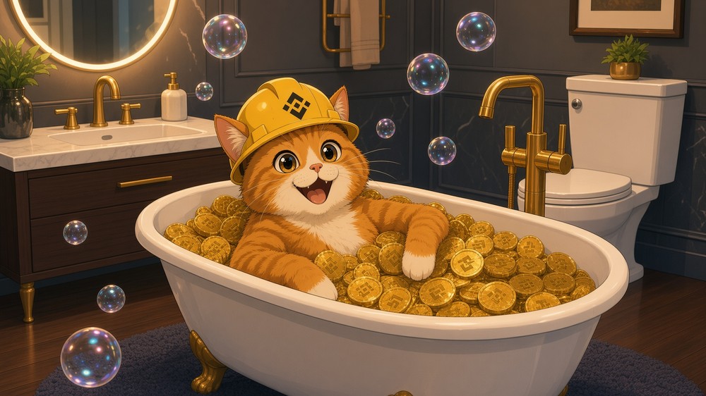 BNBCAT meme — the cat relaxing in a bathtub full of gold BNB coins