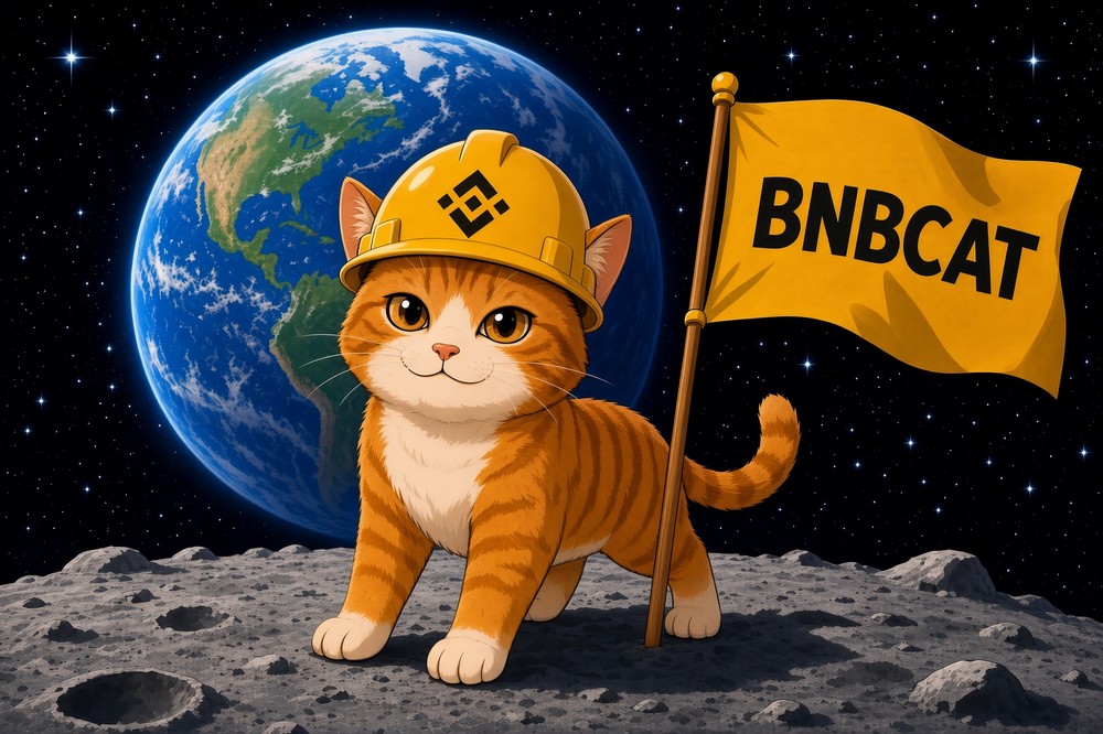 BNBCAT meme — the cat standing on the moon next to a BNBCAT flag with Earth in the background
