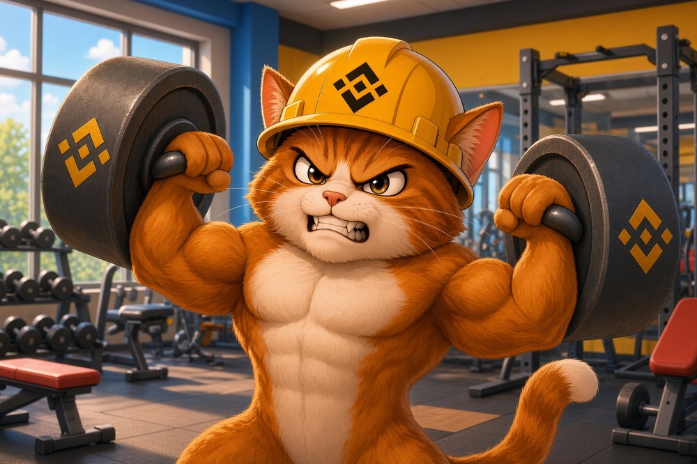 BNBCAT meme — a muscular version of the cat lifting BNB-branded dumbbells in a gym