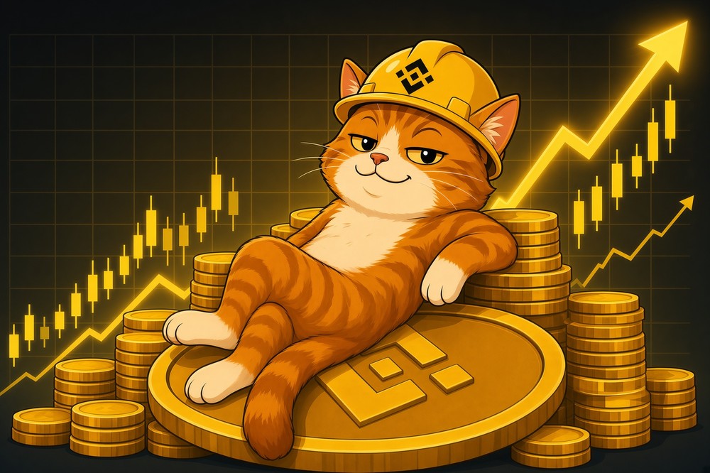 BNBCAT meme — the cat lounging on a giant BNB coin in front of a rising candlestick chart