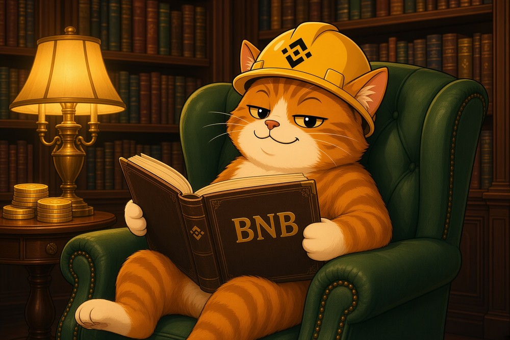 BNBCAT meme — the cat reading a book titled BNB in a cozy library armchair